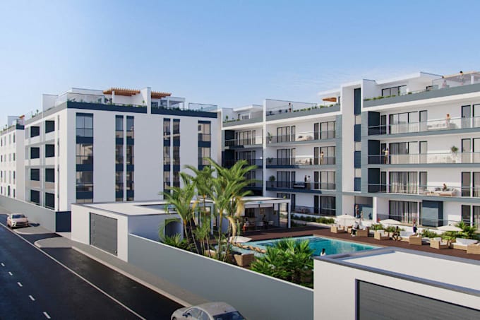 visualize cgi residential development, render multi unit 3d apartment exterior
