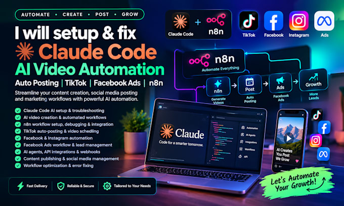 setup and fix claude code ai video automation, n8n workflows, tiktok auto postin