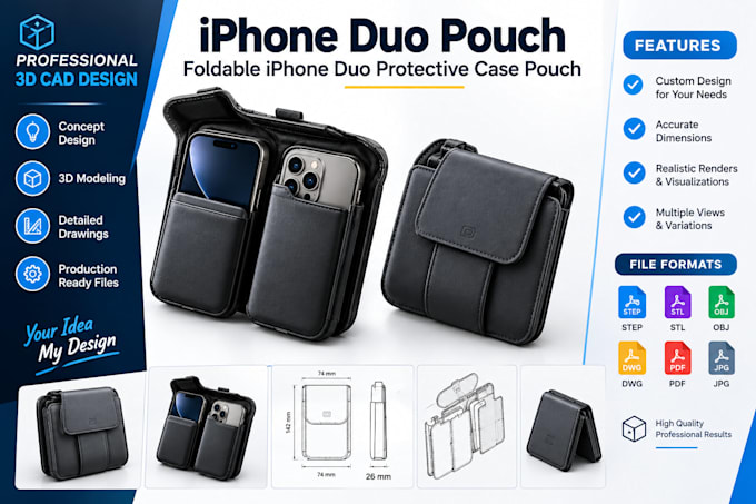 do 3d cad design for iphone duo pouch, foldable iphone duo protective case pouch