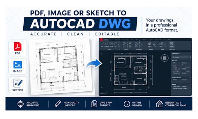 convert PDF, image, or sketch to autocad dwg
