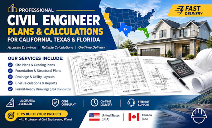 create civil engineering plans, site drawings and calculations