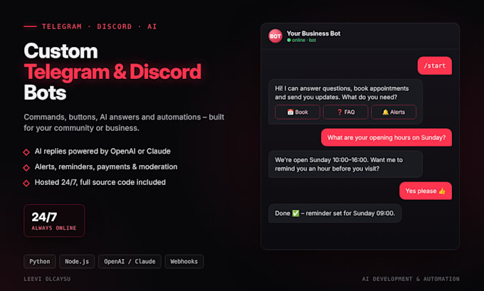 build a custom telegram or discord bot with ai features