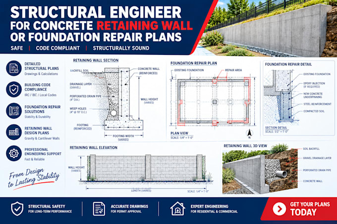design structural plans for retaining wall or foundation repair