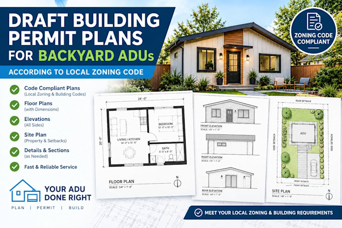 draft building permit plans for backyard adus according to local zoning code