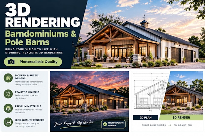 create 3d barndominium design and exterior renderings