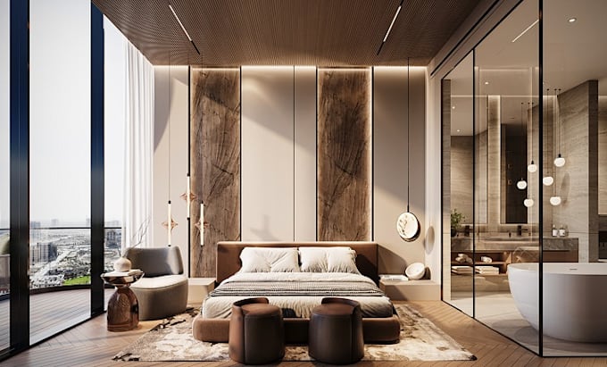 create modern interior design, living room, kitchen bedroom realistic rendering