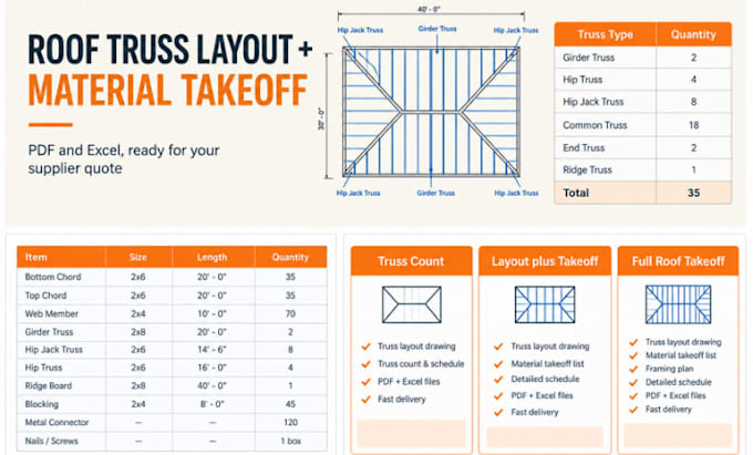 create roof truss layout and material takeoff for lumber yard quote