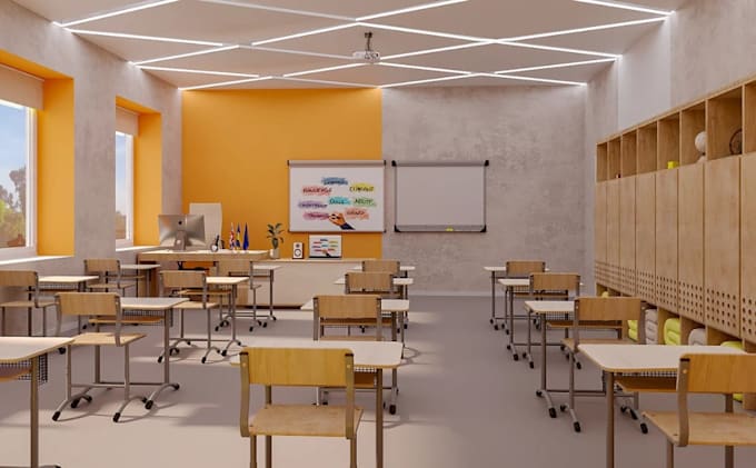 redecorate kids classroom, kindergarten space design, 3d schools interior render