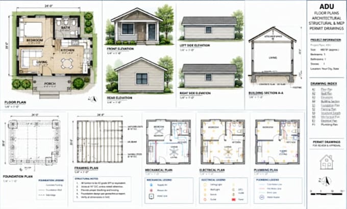 create 2d adu floor plans, architectural, structural and mep permit drawings