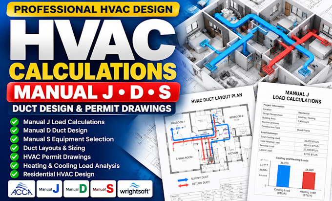 do hvac calculations, manual jds, duct design and permit drawings