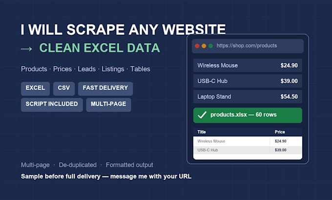 scrape any website and deliver clean data in excel or CSV