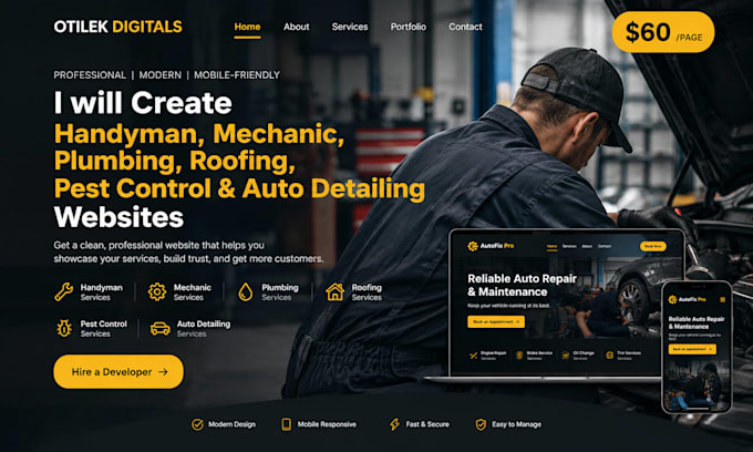 create handyman, mechanic, plumbing, roofing, pest control, auto detailing site