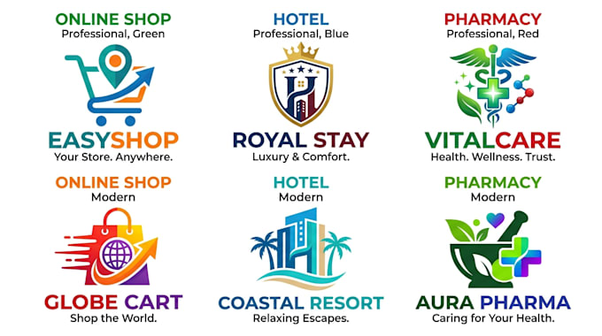 create a professional online shop, hotel, and pharmacy logo