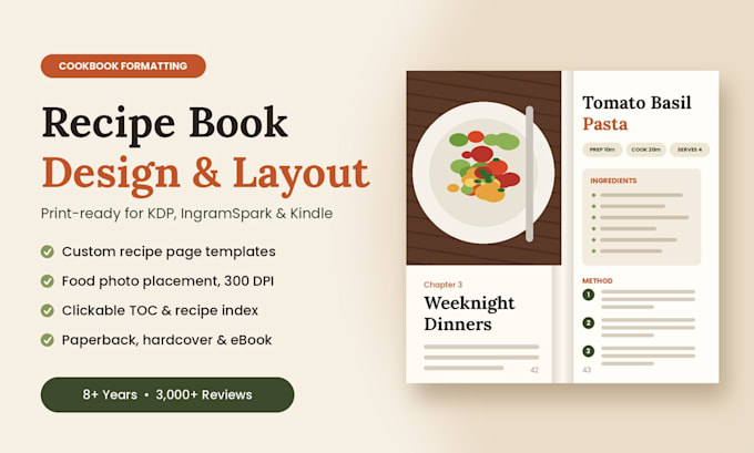 do cookbook formatting, recipe book design and KDP cookbook layout