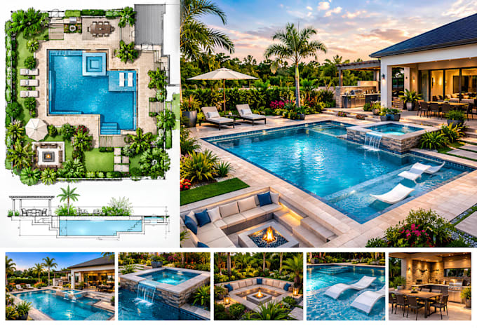 design a custom swimming pool layout with landscape plans and 3d renders