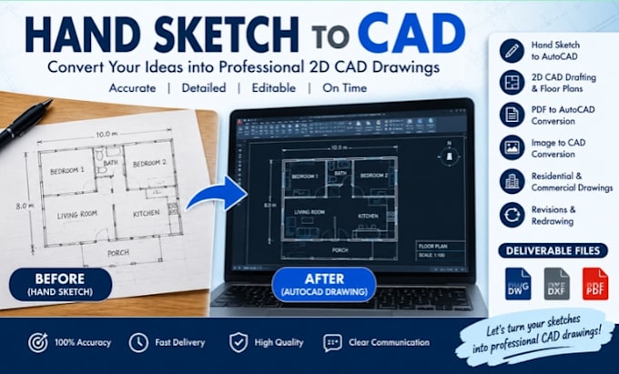 convert hand sketches to autocad, 2d cad drawings