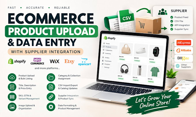 upload shopify products, create listings, integrate suppliers and do data entry