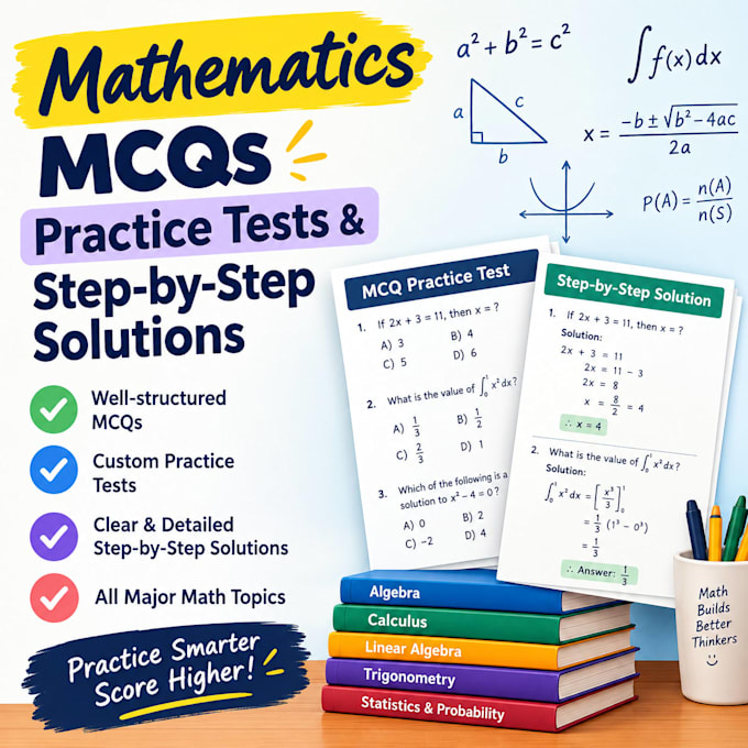 create math mcqs, practice tests and step by step solutions