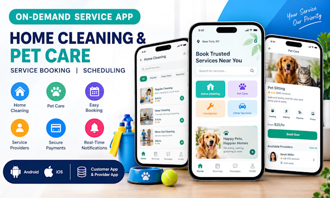 develop home cleaning app, pet care app and on demand service booking mobile app