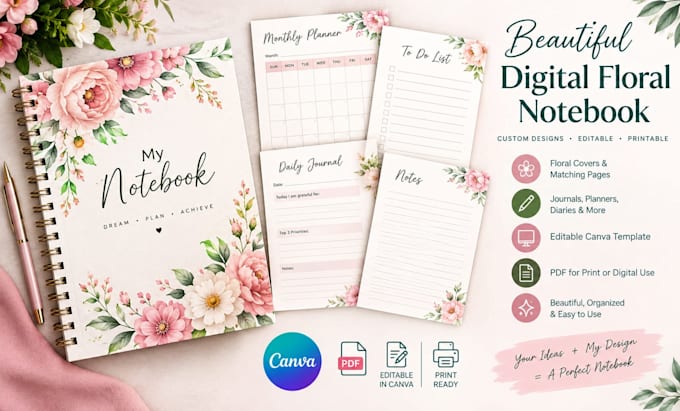create a digital floral notebook using canva