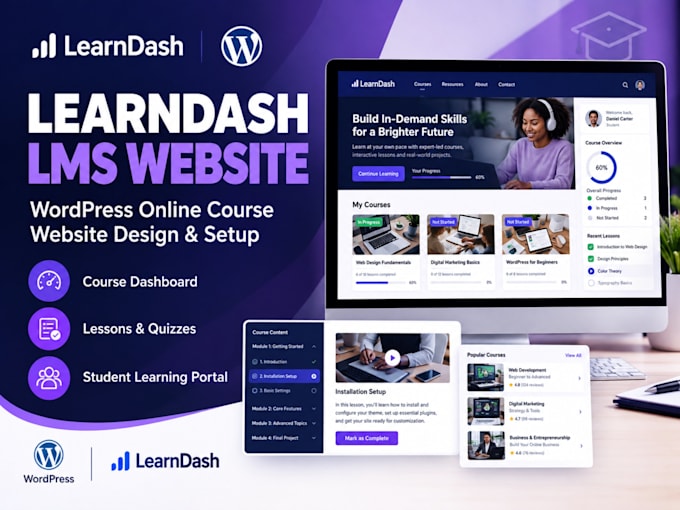 create learndash lms website, lms course content, learndash online course setup