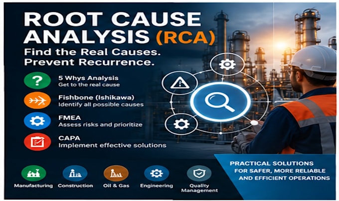 perform root cause analysis using 5 whys, fishbone and fmea