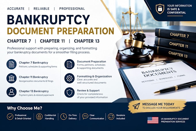 prepare chapter 7, 11 and 13 bankruptcy documents and filing forms