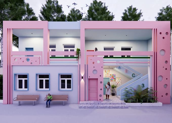 construct kindergarten space design, kids classroom,exterior interior cgi render