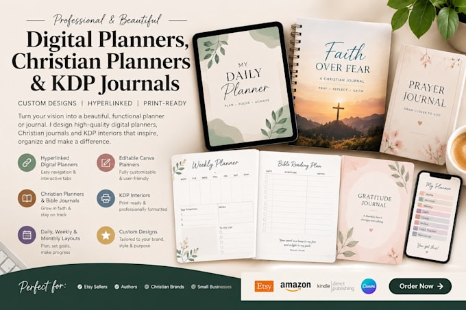 design esty hyperlink digital planner, christian planner or bible journal, kdp