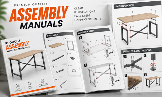 create product assembly instructions with technical drawings and vector line art