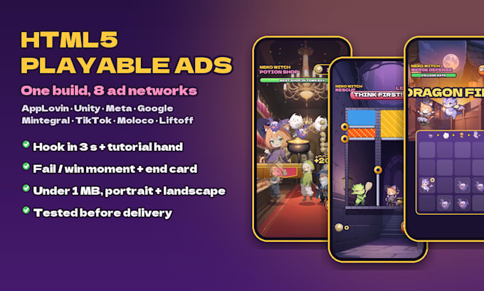 create HTML5 playable ads for applovin, unity ads, meta, google, tiktok