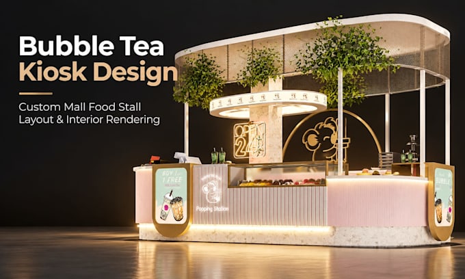 do bubble tea kiosk design, custom mall food stall layout and interior rendering