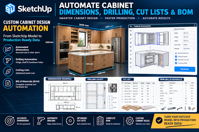 automate cabinet dimensions, drilling, cutting lists and bom