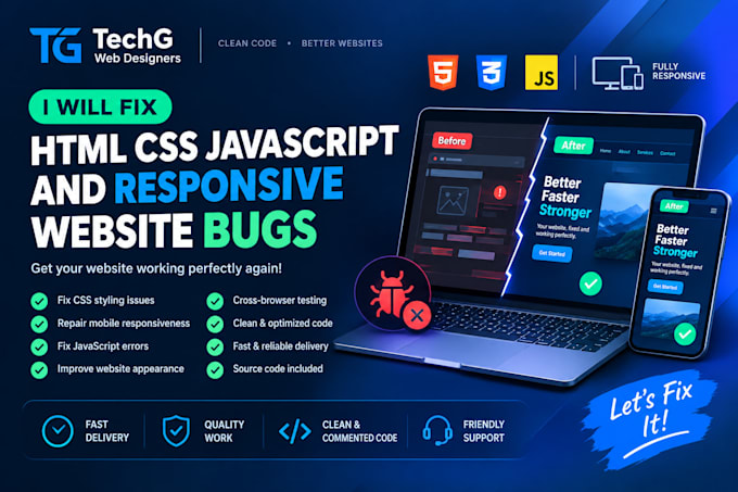fix HTML CSS javascript and responsive website bugs