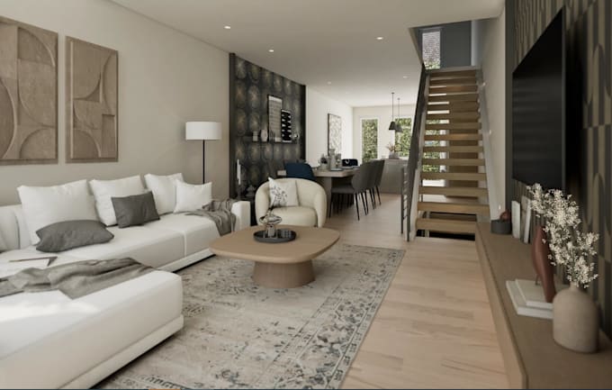 redesign basement interior,open plan design,3d layout,staircase render, kitchen