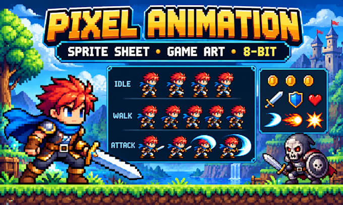 do 2d pixel art, sprite animation pixel sprite sheet game art, 8 bit art