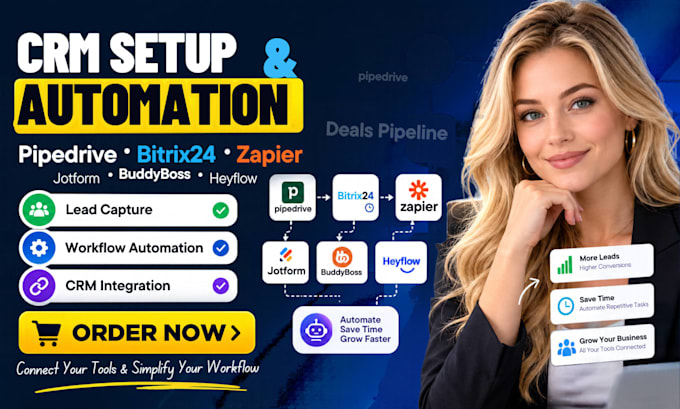 set up pipedrive CRM, bitrix24, jotform and zapier automation