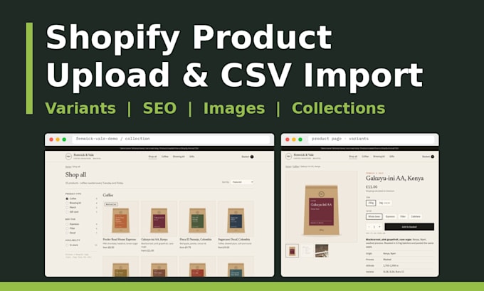 do shopify product upload with variants, SEO and bulk CSV import