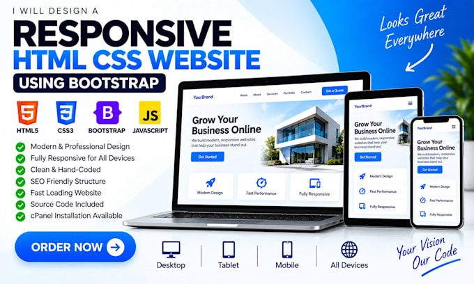 design a responsive HTML CSS website using bootstrap