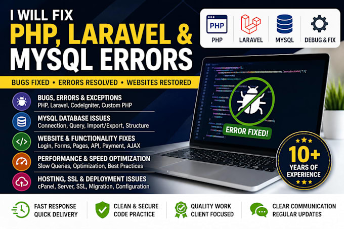 fix PHP, laravel, mysql bugs, errors, and website issues