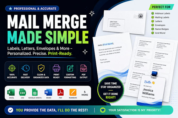 mail merge print ready personalized labels, letters and envelopes