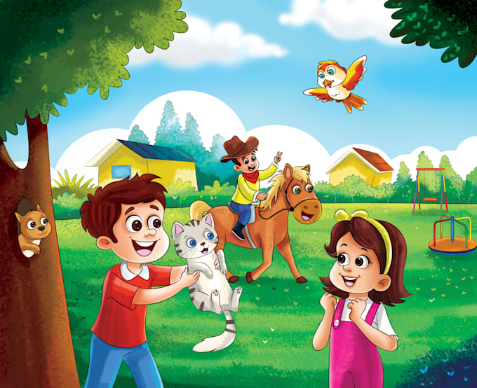 create a cute children book illustration and cover