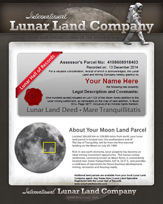 Provide a real estate deed for one acre of land on the moon by