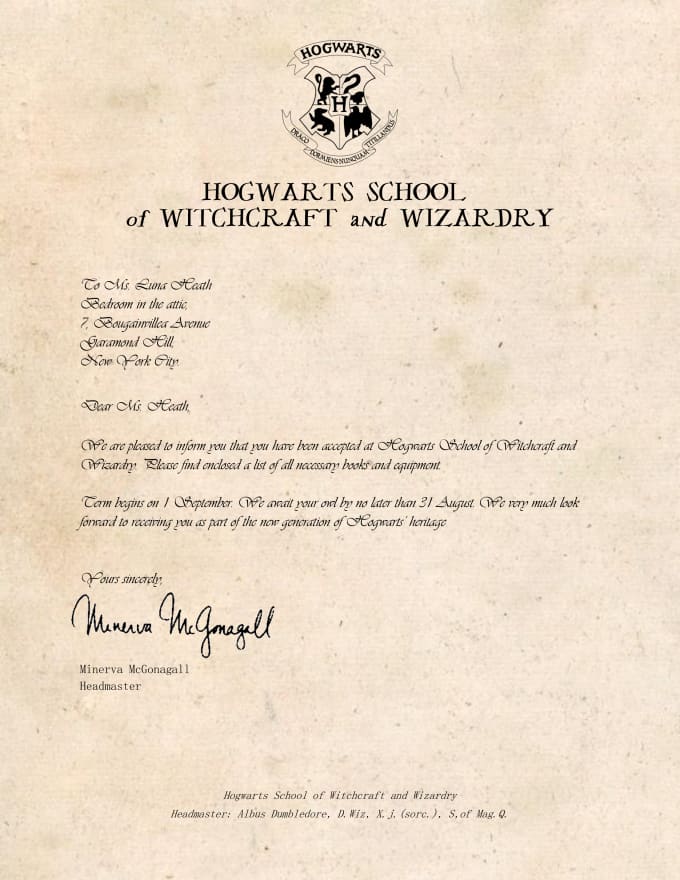 Personalize a hogwarts,ilvermorny or any acceptance letter by Delaluna