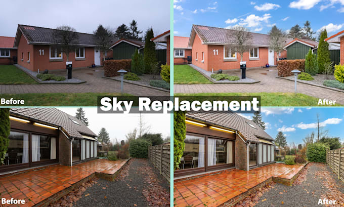 replace sky, green grass, and fire in fireplace in real estate photos