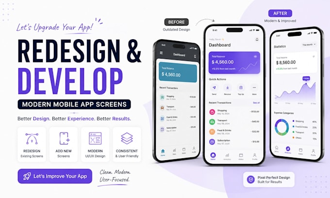 redesign your mobile app screens and add new screens