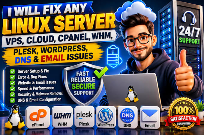 fix any linux server, cpanel, whm, plesk, wordpress, dns and email issues