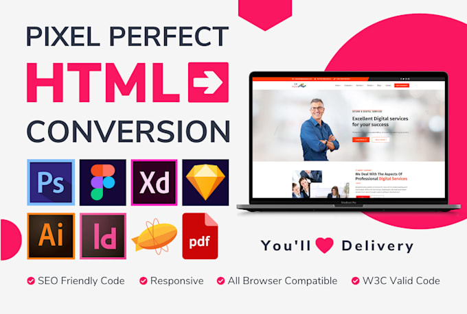 convert psd to html, figma to html, xd to html responsive