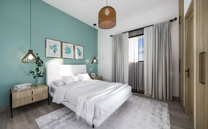 create realistic 3d interior space rendering as per the design and mood board