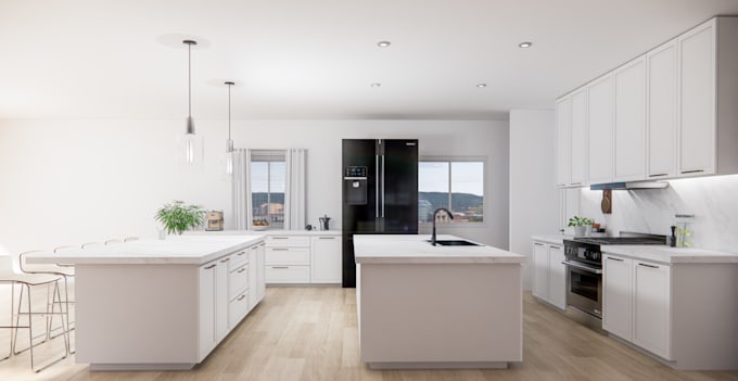 create realistic kitchen interior rendering as per drawing layout